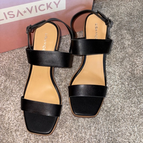 Lisa Vicky‎ Oasis-V Black Leather Heeled Sandals Square Toe Ankle Strap Size 9M - Picture 2 of 5
